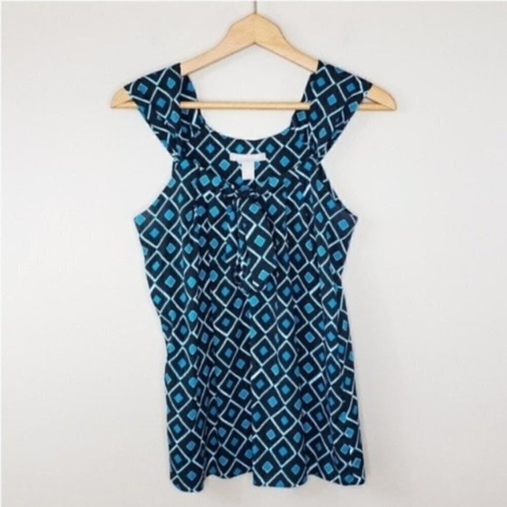 Banana Republic Factory Blue Black Diamond Print Tie Neck Tank Blouse Size XS